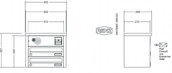 RENZ Briefkastenanlage Aufputz, Tetro, Edelstahl V4A, Kastenformat 370x110x270mm, mit Klingel - & Lichttaster und Vorbereitung Gegensprechanlage, 2-teilig